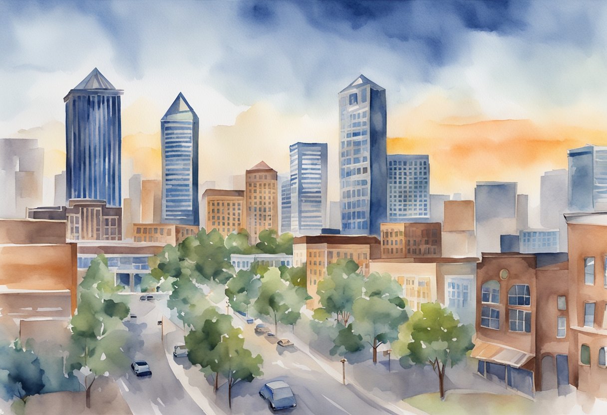 A bustling Oklahoma city skyline with real estate signs and buildings, showcasing the thriving real estate market in the state
