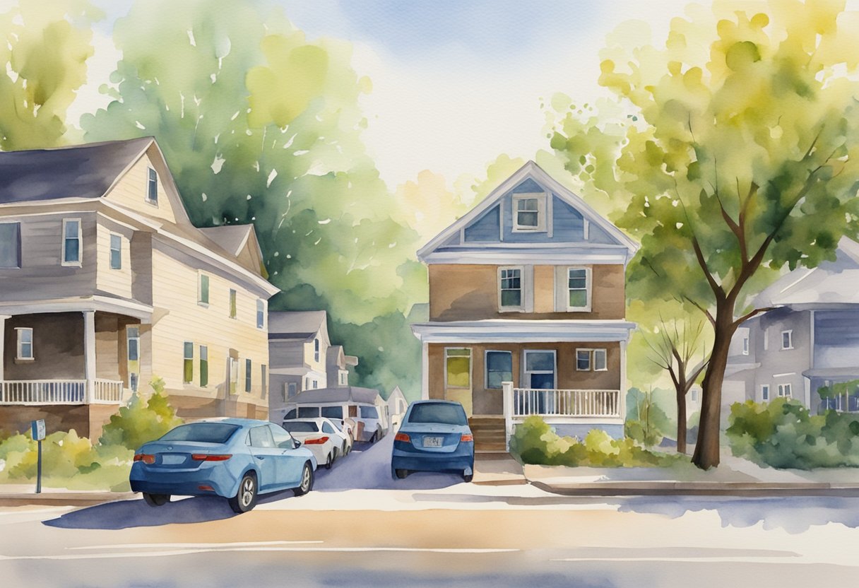 The bustling Oklahoma rental market: houses and apartments changing hands, investors analyzing data, and signs advertising available properties