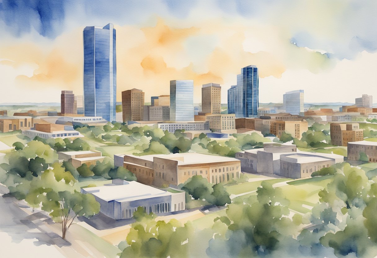 A skyline of Oklahoma City with various real estate properties, including residential and commercial buildings, surrounded by open land for potential development