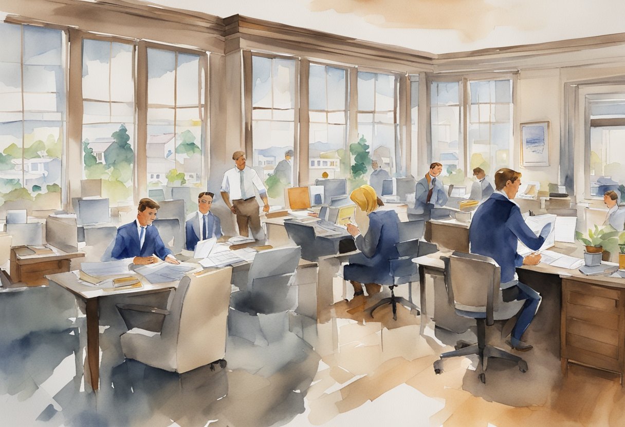 A bustling real estate office with clients and agents discussing investment opportunities in Oklahoma. Maps, charts, and brochures are scattered across the desks