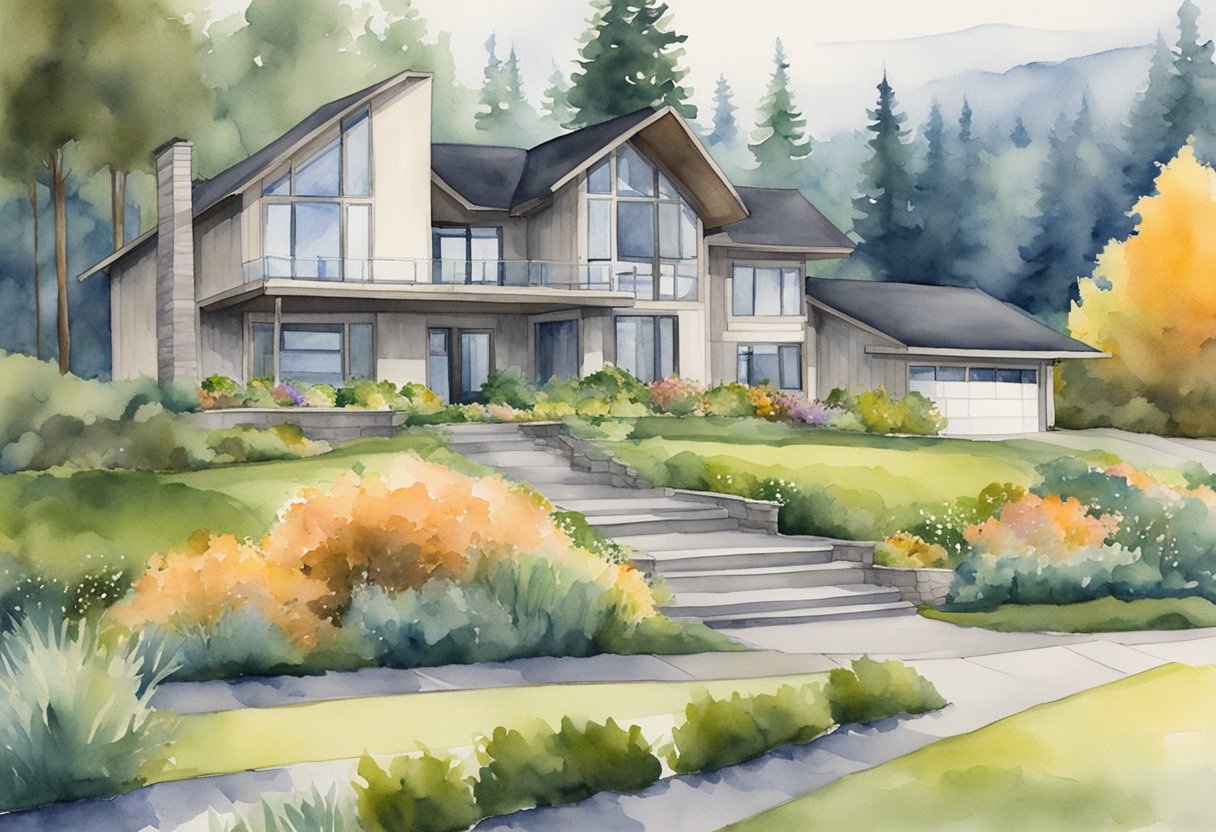 A modern house in Oregon's lush landscape, with "For Sale" sign. Surrounding properties and natural scenery convey real estate investment potential