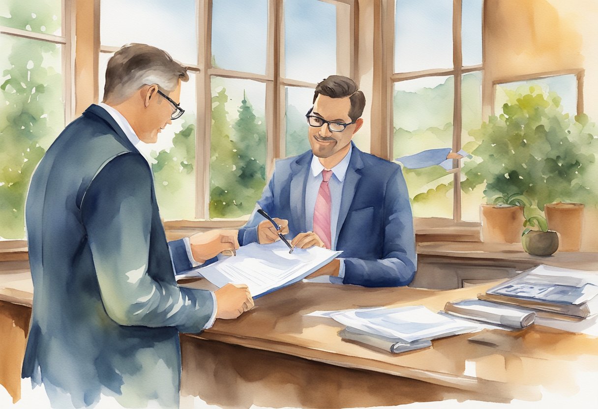 A real estate agent signs a contract with a seller in Oregon, exchanging keys and documents