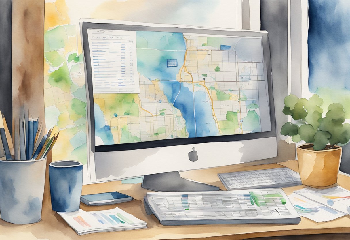 A desk with a computer, charts, and graphs. A map of Oregon on the wall. Real estate brochures and investment books scattered around