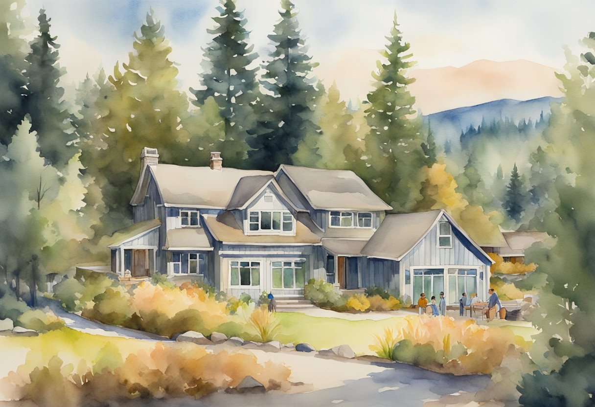 A bustling Oregon real estate market, with investors discussing strategies and analyzing data. A backdrop of scenic landscapes and diverse properties