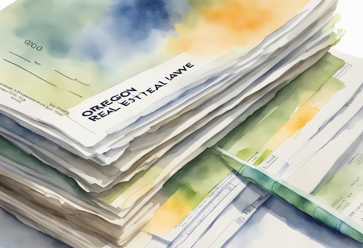 A stack of legal documents with "Oregon Real Estate Laws" printed on the cover, alongside a list of regulatory requirements