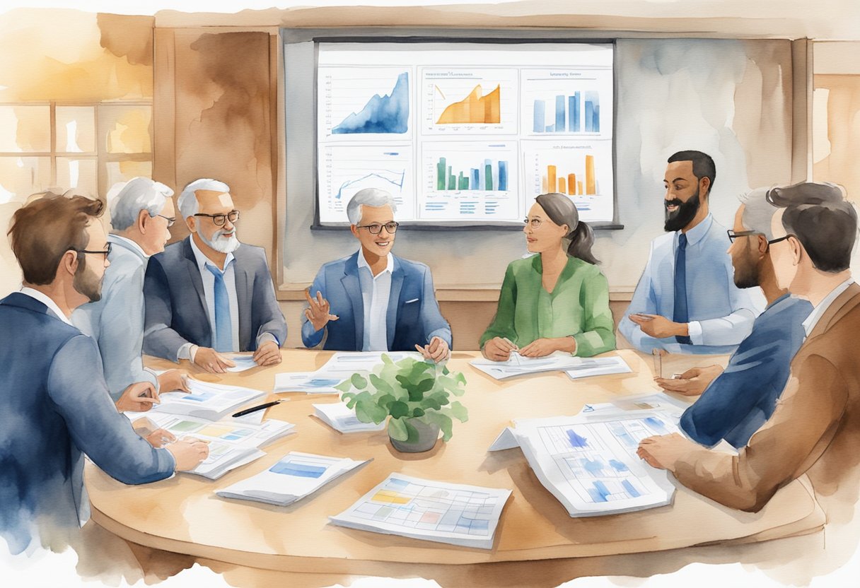 A group of people gathered around a table, discussing real estate investing in Oregon. Charts and graphs are displayed on the wall, while a speaker addresses the audience