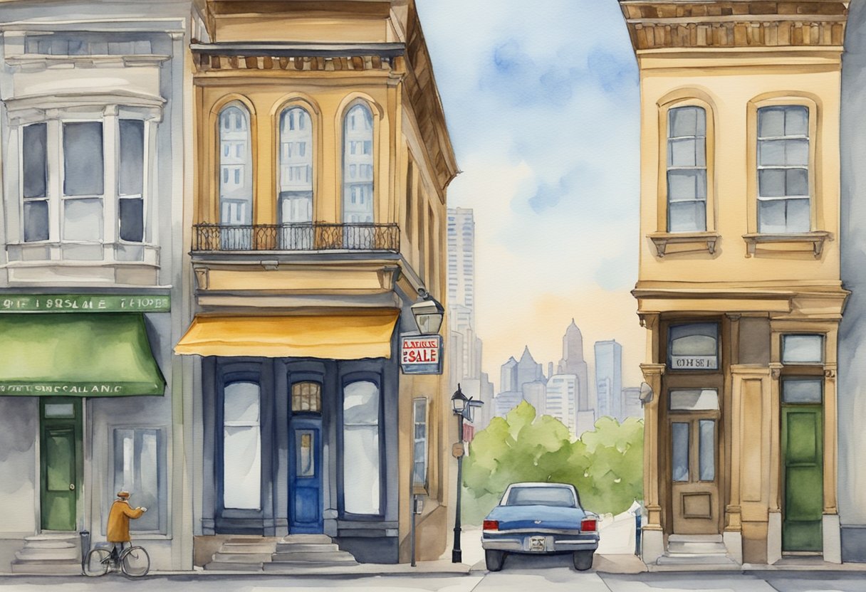A row of historic buildings in downtown Pittsburgh, Pennsylvania, with "For Sale" signs in front. A real estate agent shows a couple a renovated Victorian home in Philadelphia
