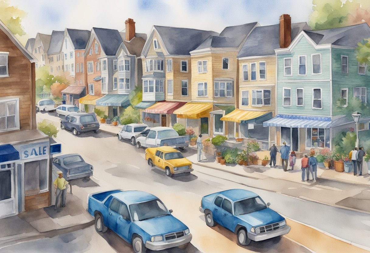 A bustling real estate market in Pennsylvania, with properties being bought and sold. A mix of residential and commercial buildings, with "For Sale" signs and busy real estate agents