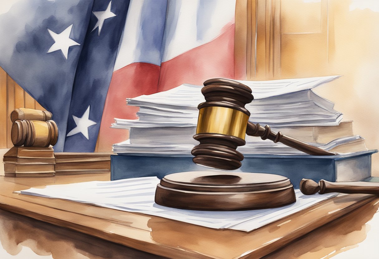 A gavel striking a podium in a courtroom, with a backdrop of the Pennsylvania state flag and a stack of legal documents labeled "Real Estate Regulations."