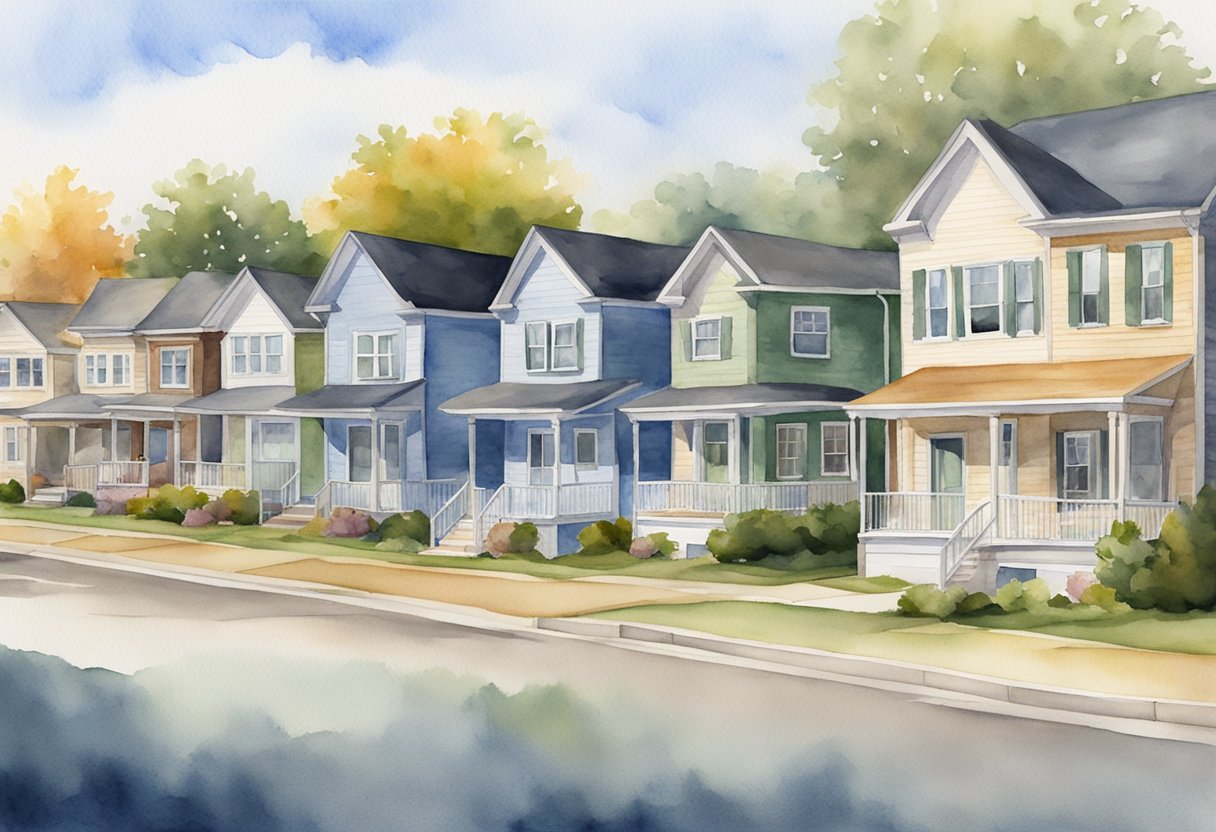 A row of diverse real estate properties in Pennsylvania, including residential and commercial buildings, with signs indicating profitable investment opportunities