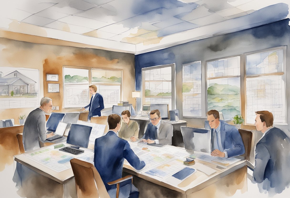 A bustling real estate office in Pennsylvania, with charts, graphs, and maps covering the walls. A group of professionals discussing investment strategies and analyzing property data