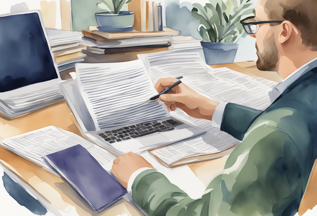 A person reading a pamphlet titled "Frequently Asked Questions: Real Estate Investing in Pennsylvania" with a laptop and a stack of paperwork on a desk