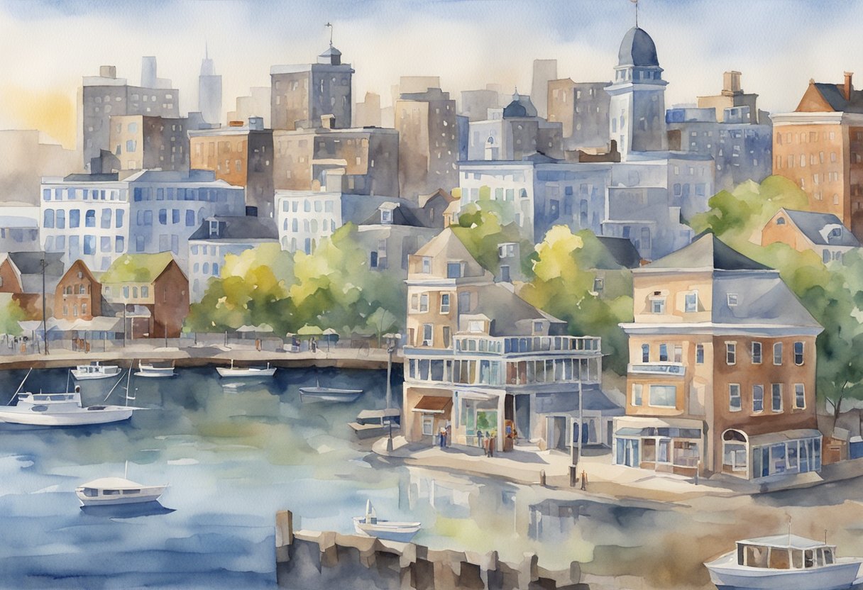 A bustling city skyline with "For Sale" signs on various properties, a mix of historic and modern buildings, and a waterfront view in Rhode Island