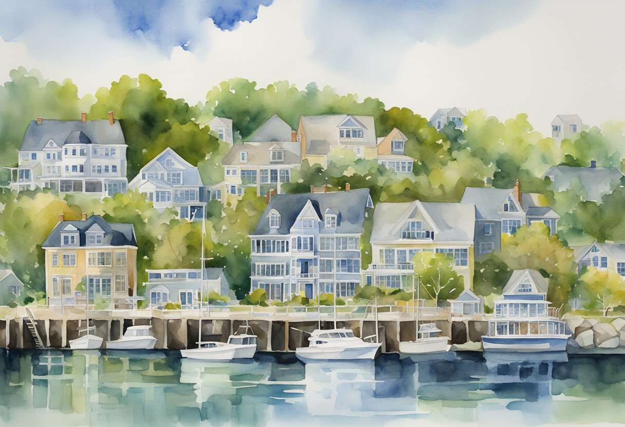 A bustling Rhode Island cityscape with diverse architecture and a mix of residential and commercial properties, surrounded by lush greenery and bodies of water, showcasing the dynamic real estate market