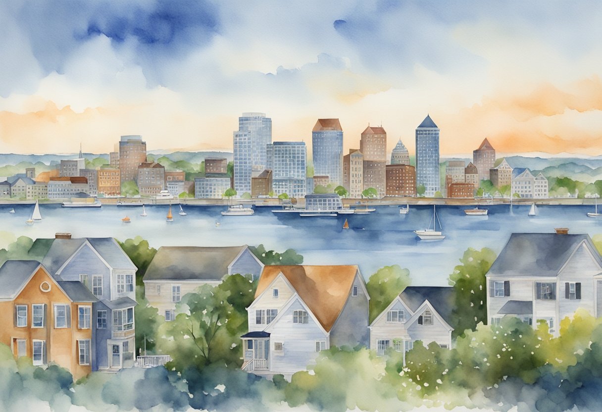 A bustling city skyline with various real estate properties, including residential homes, commercial buildings, and waterfront developments, showcases the diverse types of real estate investments in Rhode Island