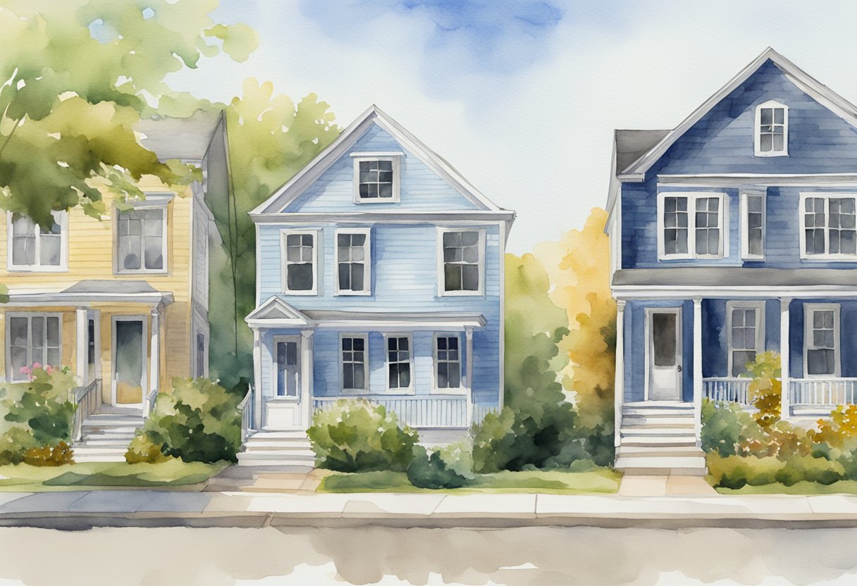 A row of diverse properties in Rhode Island, from single-family homes to commercial buildings, with "For Sale" signs displayed, symbolizing real estate investment growth