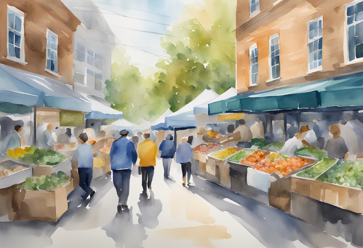 A bustling market in Rhode Island, with real estate data and trends displayed on screens and posters. Investors and analysts discuss and exchange information