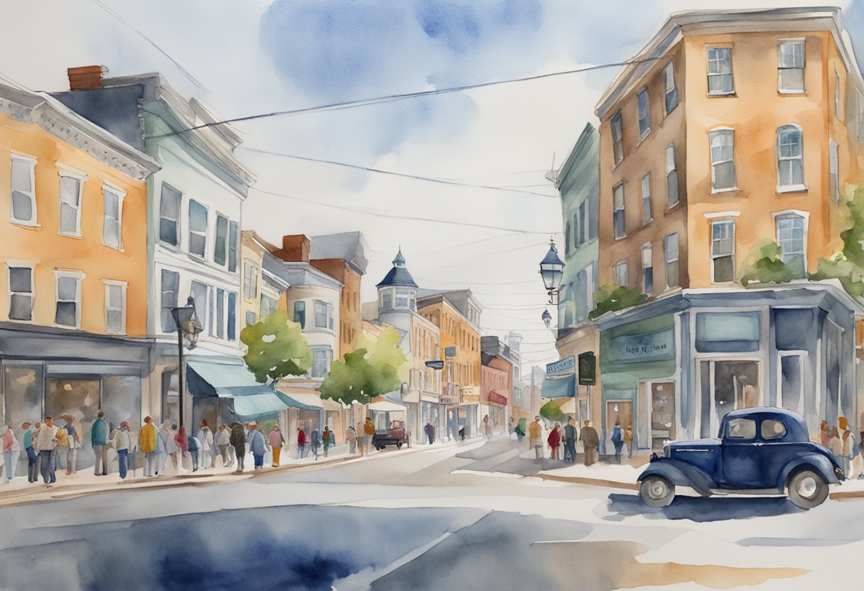 A bustling street in Rhode Island, lined with historic buildings and modern developments. Real estate signs adorn the storefronts, while investors discuss potential opportunities