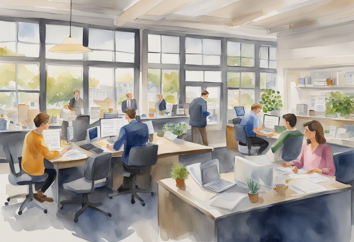 A bustling real estate office in Rhode Island, with people engaged in conversations, browsing through documents, and discussing investment opportunities