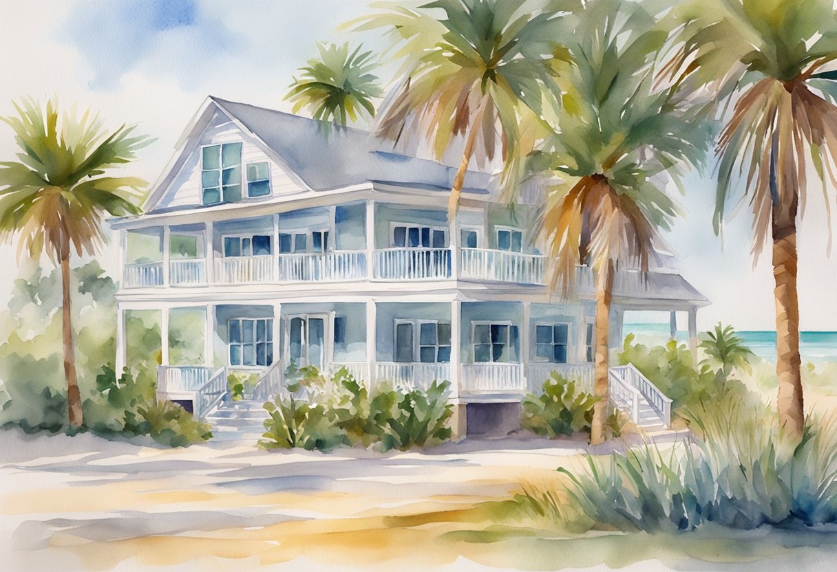 A sunny beachfront property in South Carolina is being purchased by a real estate investor, with palm trees swaying in the gentle breeze and a "For Sale" sign in the yard