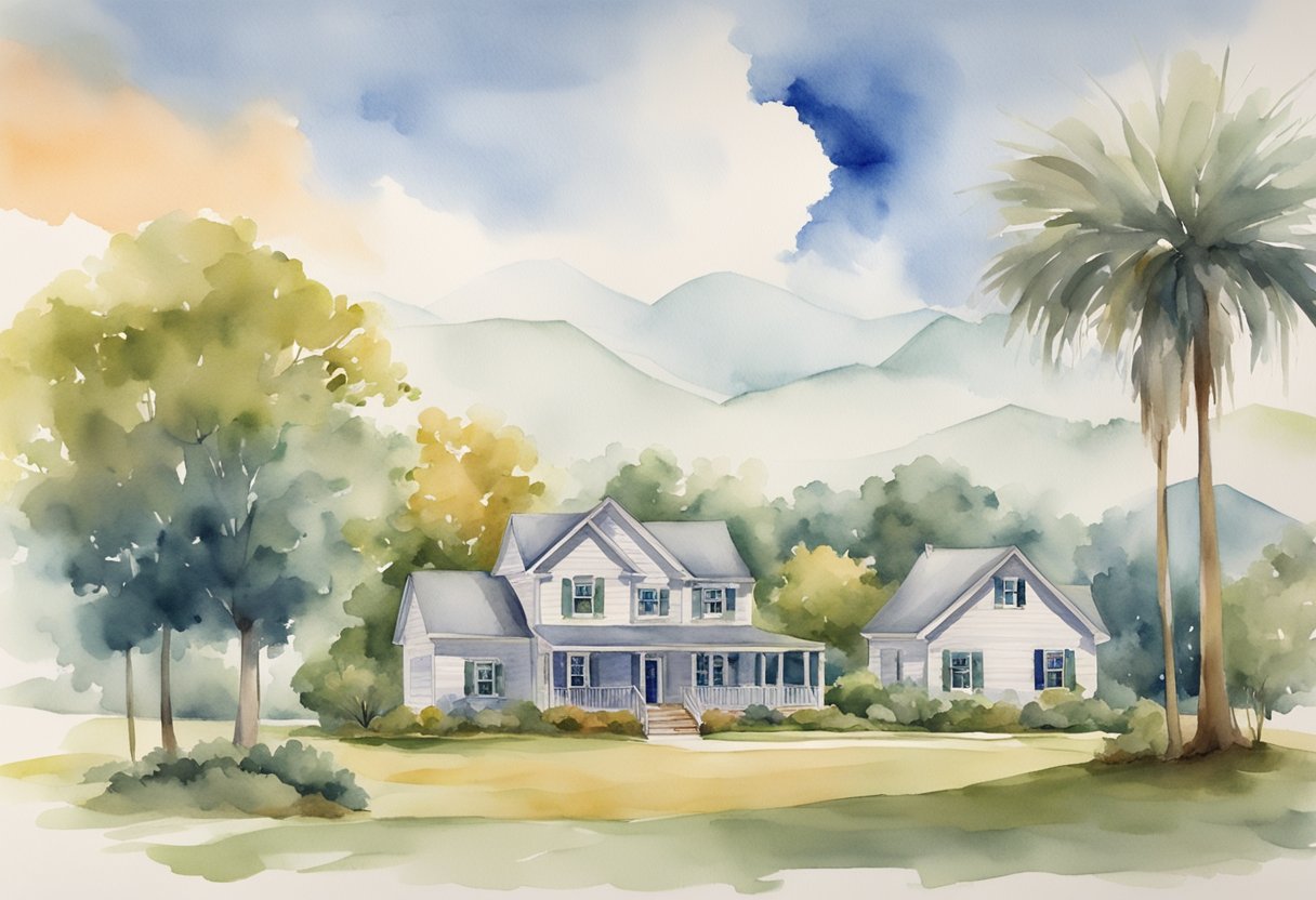 A picturesque landscape of South Carolina with a prominent real estate property, surrounded by financial charts and graphs