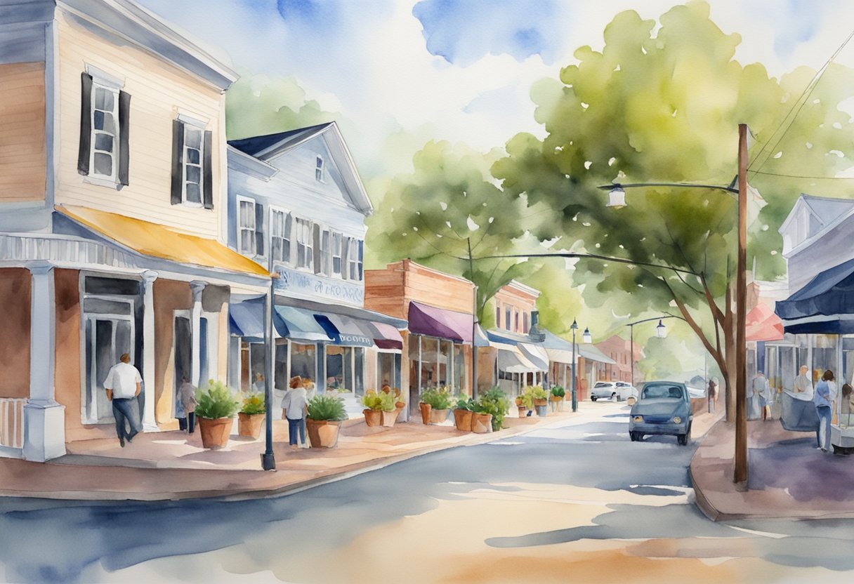 A bustling South Carolina town with new businesses, renovated properties, and increased property values due to local real estate investment