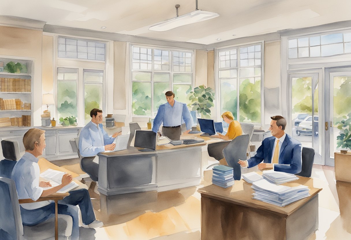 A bustling real estate office in South Carolina, with agents discussing investment opportunities and clients reviewing FAQ materials