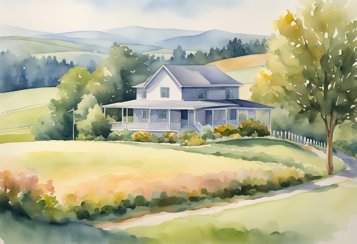 A modern house surrounded by rolling hills and farmland, with a "For Sale" sign in the yard