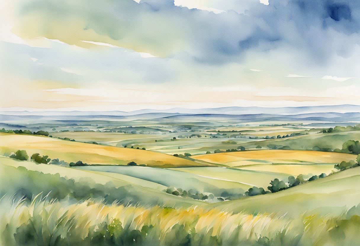 A scenic landscape of South Dakota with rolling hills, vast open plains, and picturesque farmland. A mix of residential and commercial properties dot the countryside, showcasing the diverse investment opportunities in South Dakota real estate