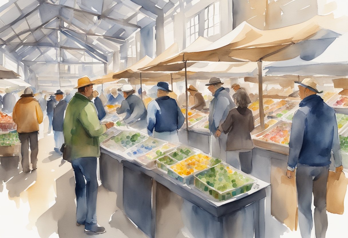 A bustling market in South Dakota, with real estate data being analyzed and discussed by investors. Charts, graphs, and maps are spread out on tables as people engage in deep conversations