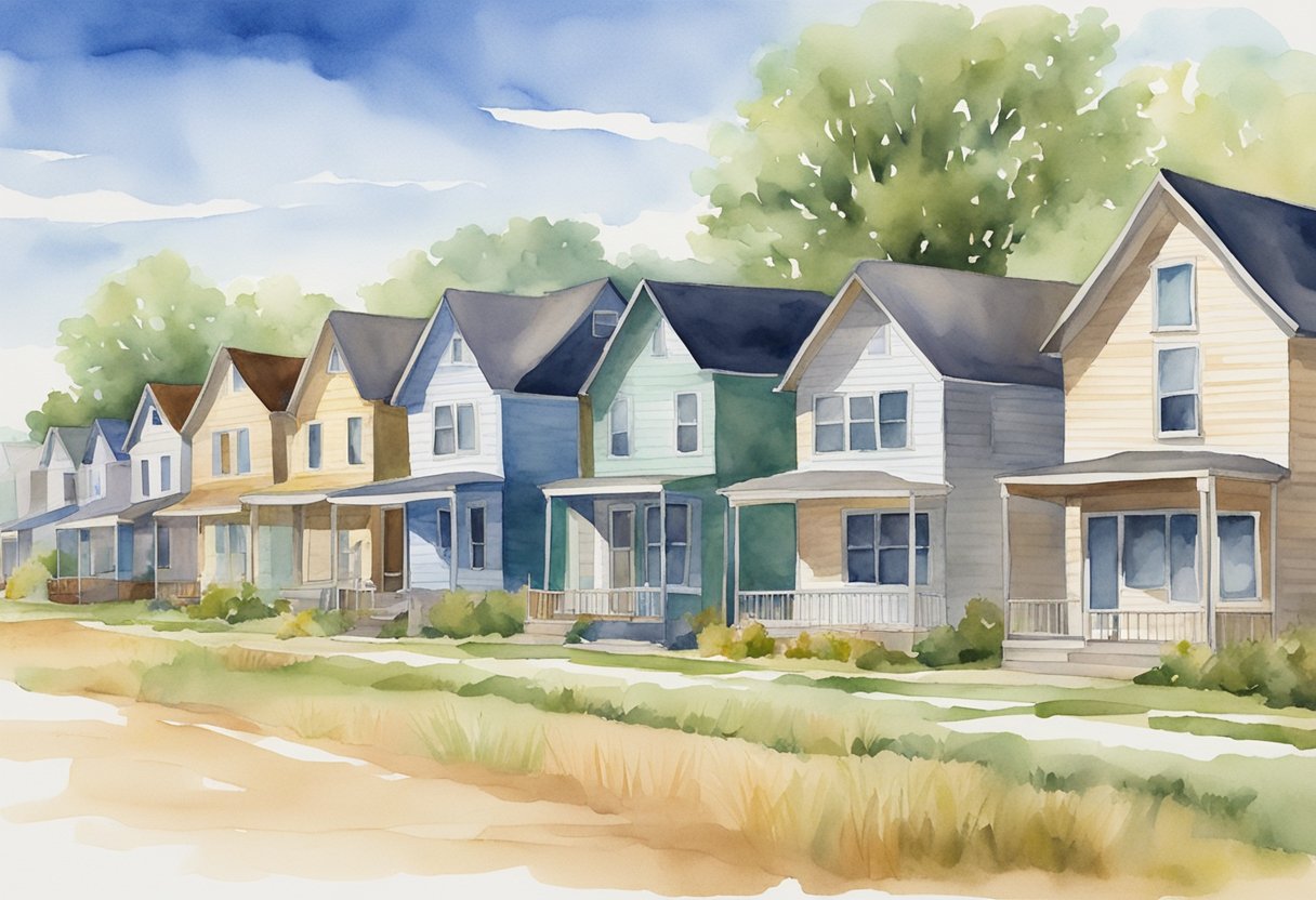 A row of diverse real estate properties in South Dakota, including residential homes, commercial buildings, and vacant land, being managed and maintained by a real estate investor