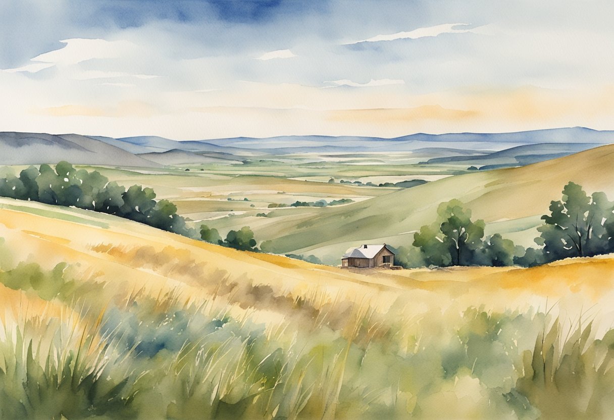 A rugged landscape of South Dakota with rolling hills, open prairies, and scattered properties, symbolizing the challenges and risks of real estate investing in the region