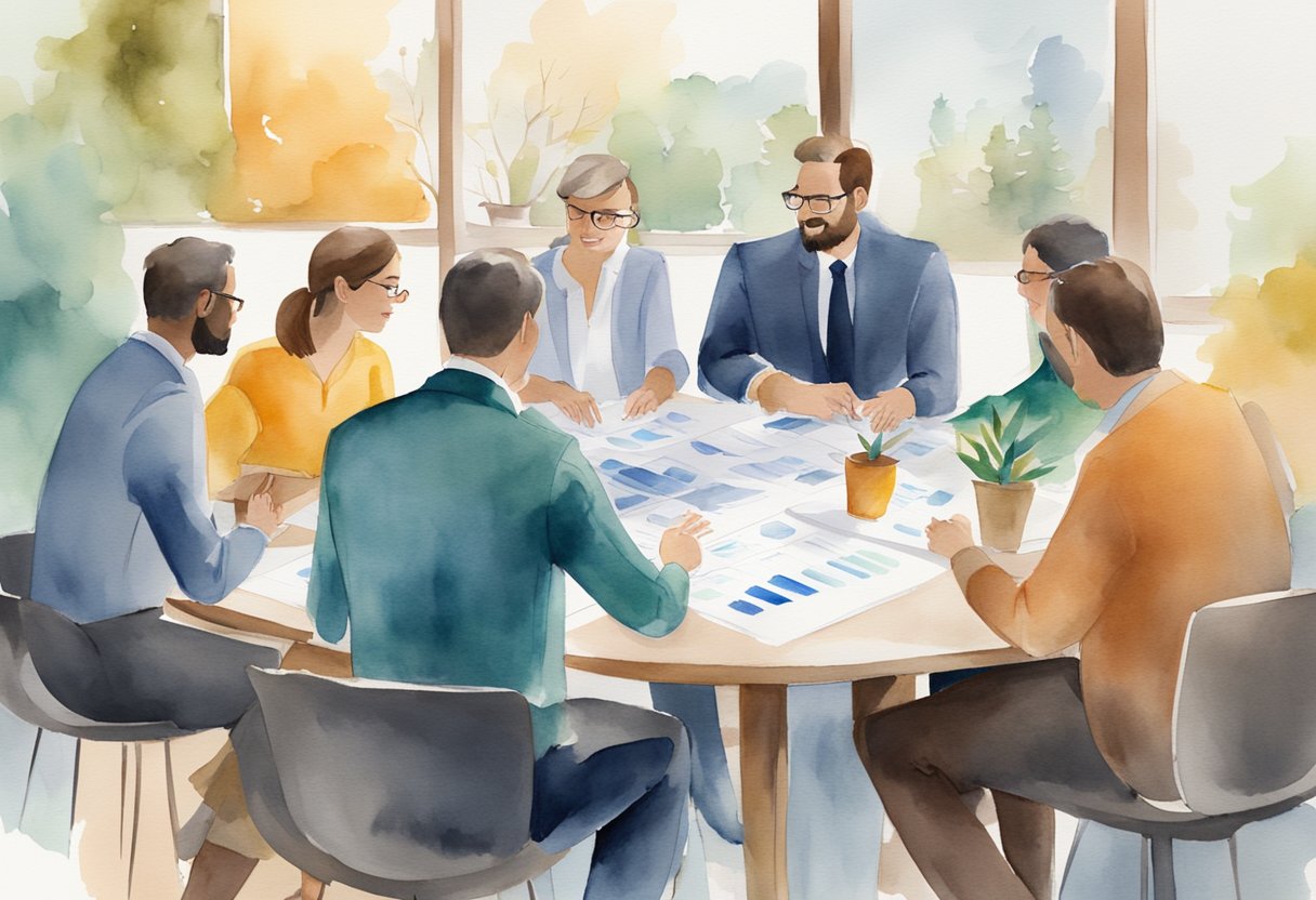 A group of people gather around a table, discussing real estate investing in South Dakota. Charts and graphs are spread out, as they engage in a lively conversation