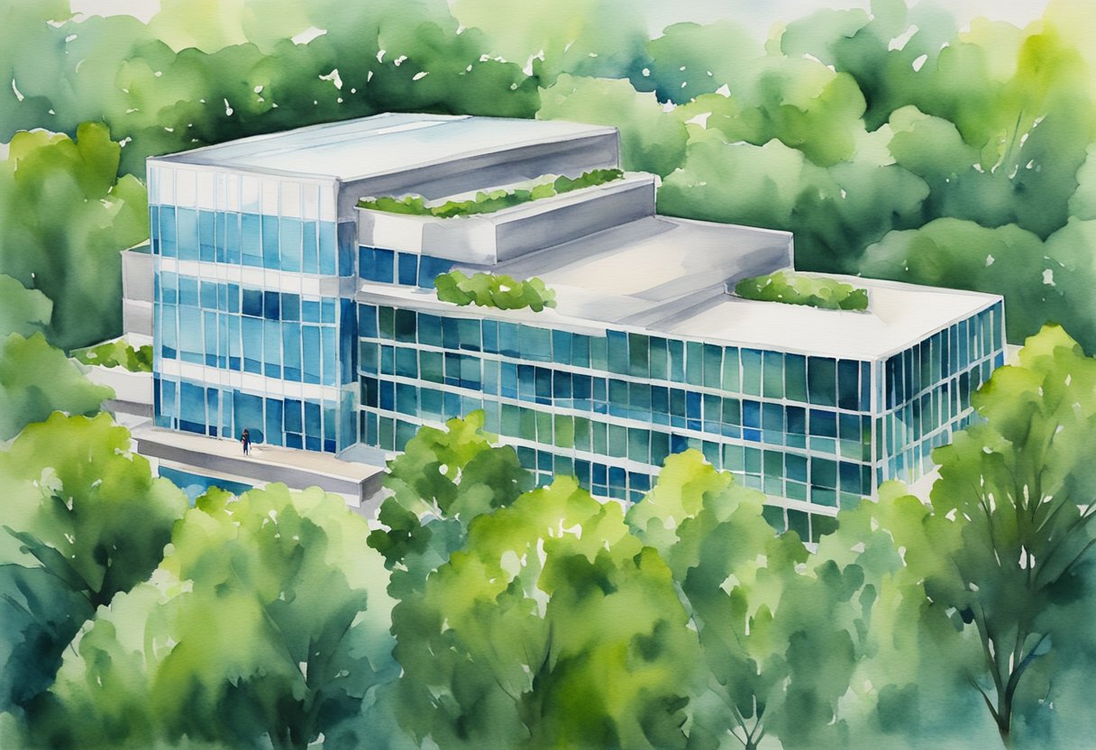 A modern office building in downtown Nashville, surrounded by lush greenery and a bustling cityscape. A "For Sale" sign stands in front, symbolizing the thriving real estate market in Tennessee