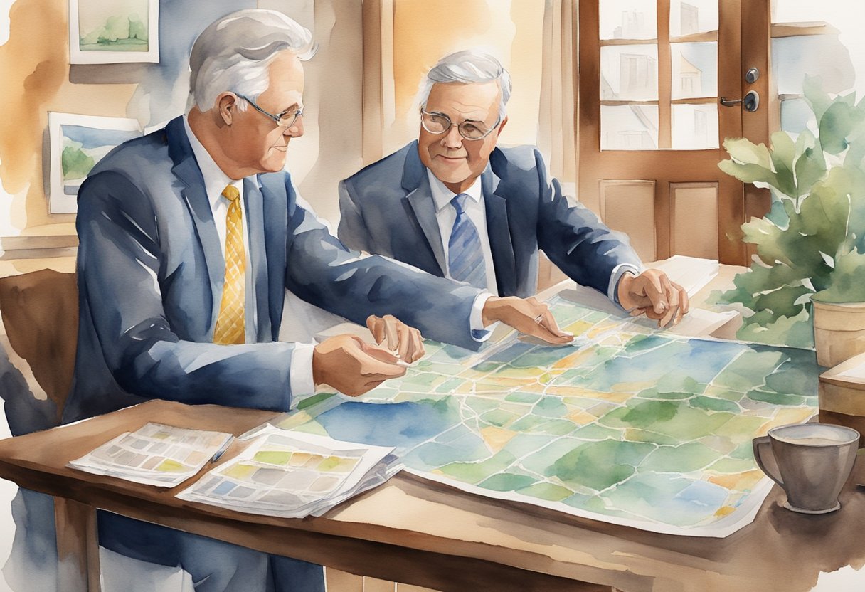 A landlord and buyer discuss real estate deals in Tennessee. Maps and property listings are spread out on a table. A handshake seals a successful negotiation