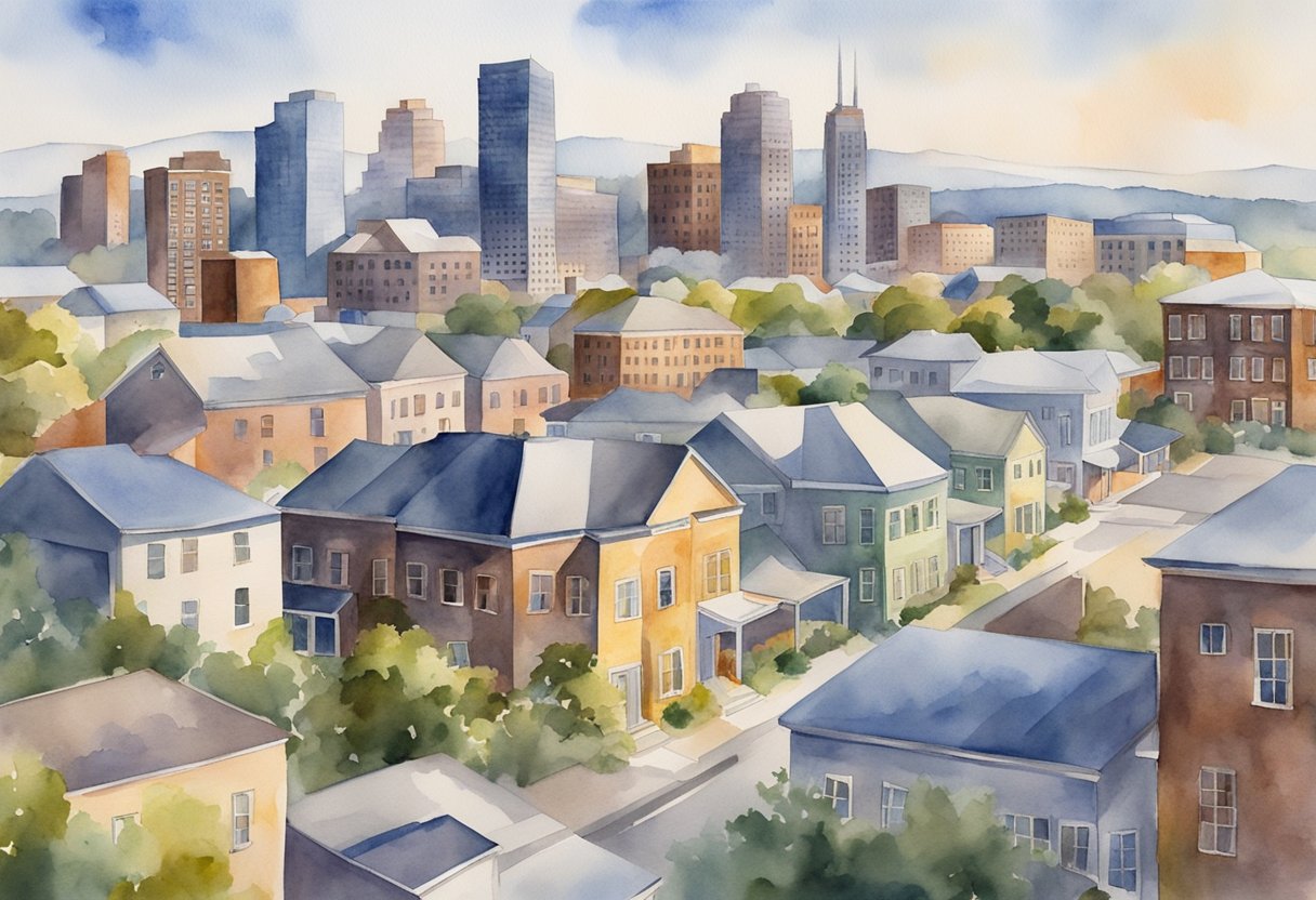 A bustling city skyline with various real estate properties in Tennessee, including residential homes, commercial buildings, and industrial warehouses
