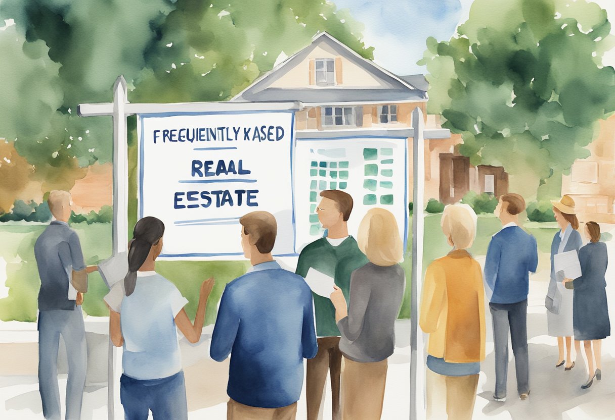 A group of people gather around a sign that reads "Frequently Asked Questions: Real Estate Investing in Tennessee." They appear engaged and interested in the information presented