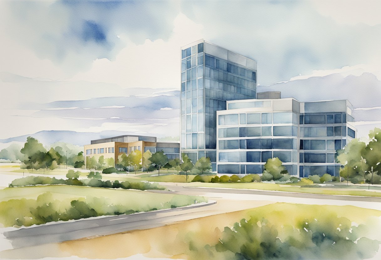 A Texas landscape with a modern office building, suburban homes, and open land for development