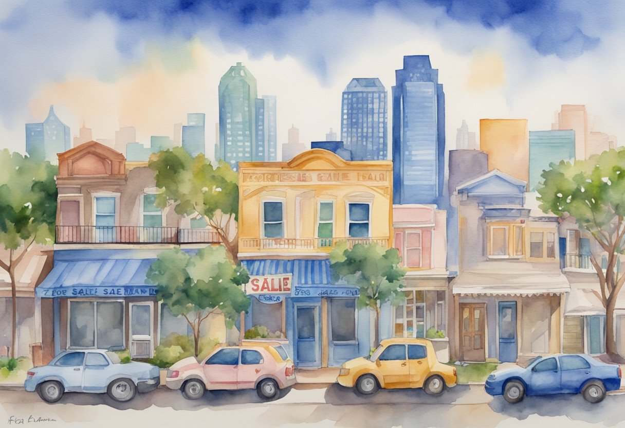 A bustling Texas city skyline with "For Sale" signs in front of various properties, showcasing the diversity of the real estate market
