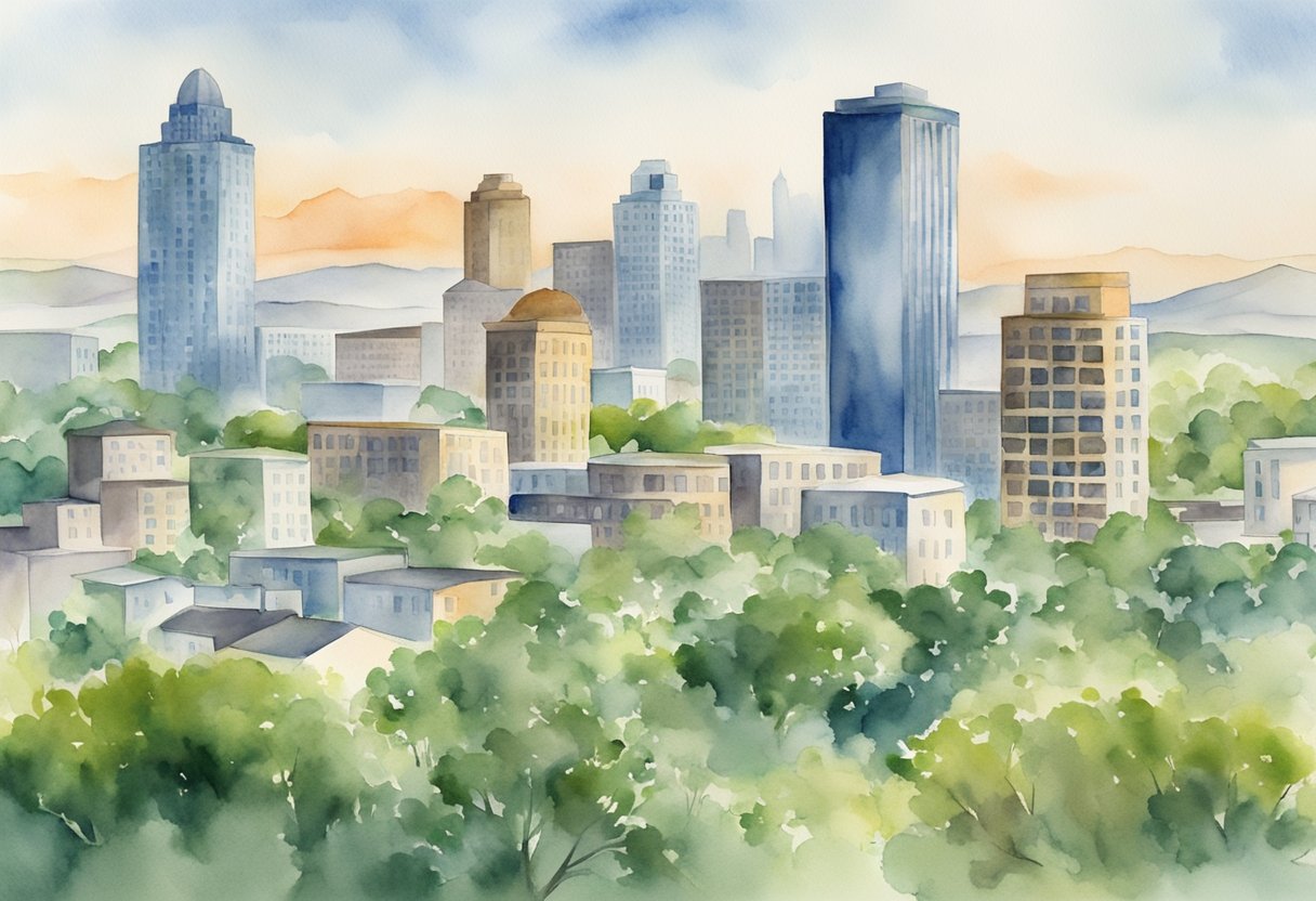 A bustling Texas city skyline with various real estate properties, including office buildings, apartment complexes, and suburban homes, surrounded by rolling hills and lush greenery