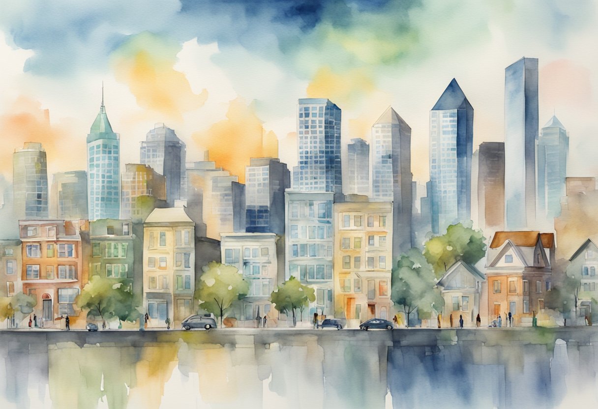 A bustling city skyline with "For Sale" signs on various properties, a graph showing increasing property values, and a group of investors discussing investment strategies
