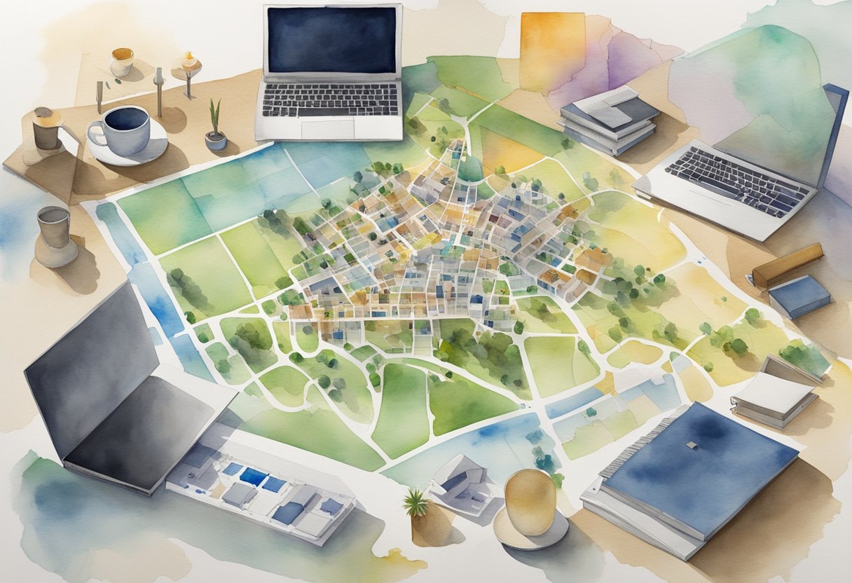 A Texas map with real estate properties marked, surrounded by research materials and a laptop
