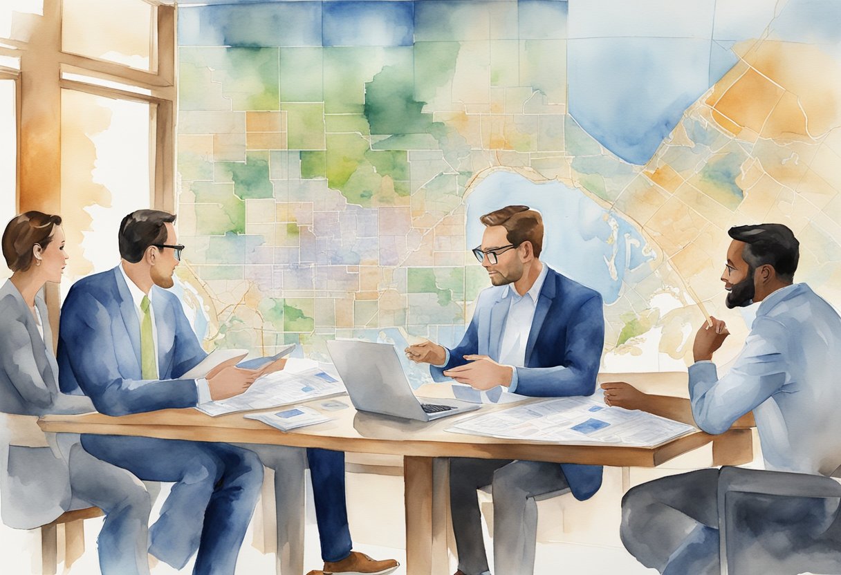 A group of real estate professionals discussing investment opportunities in Texas, surrounded by maps, charts, and property listings
