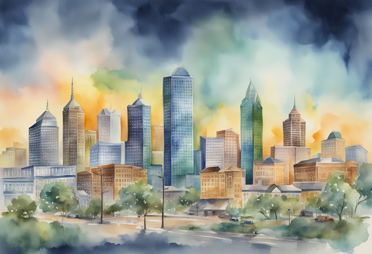 A bustling Texas city skyline with real estate signs and properties, a diverse group of investors discussing and exchanging information