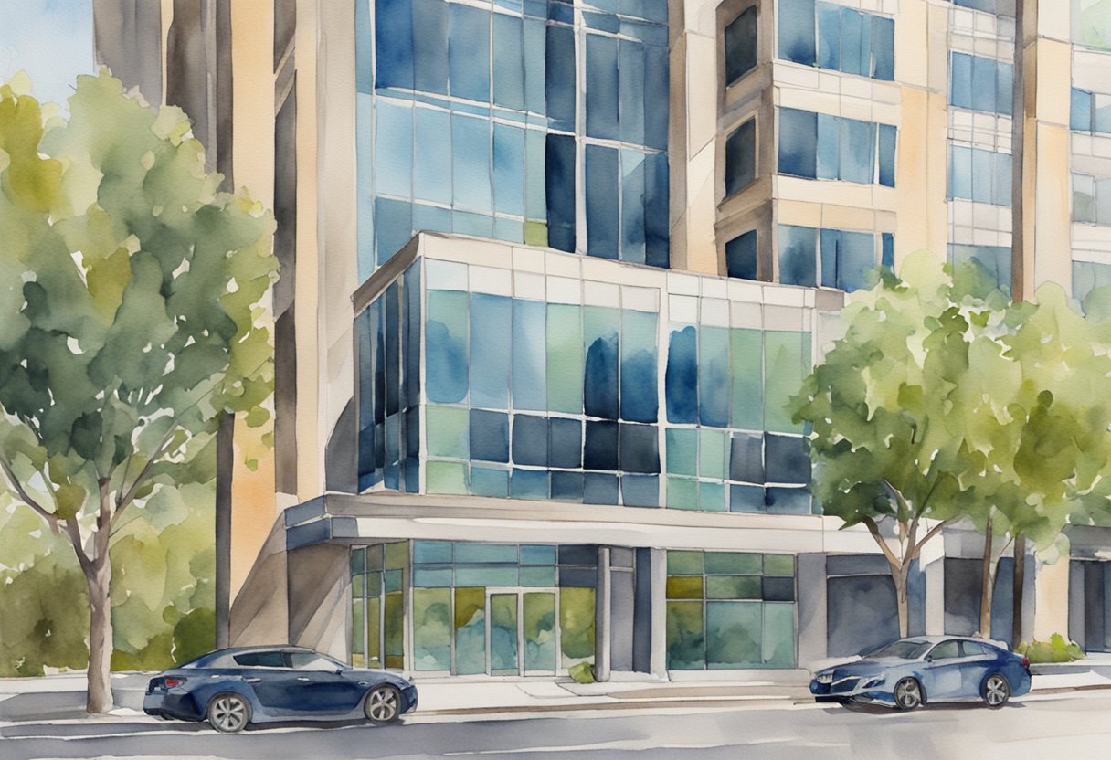 A modern office building in downtown Salt Lake City, with a "For Sale" sign out front. The Utah mountains provide a stunning backdrop to the bustling real estate market
