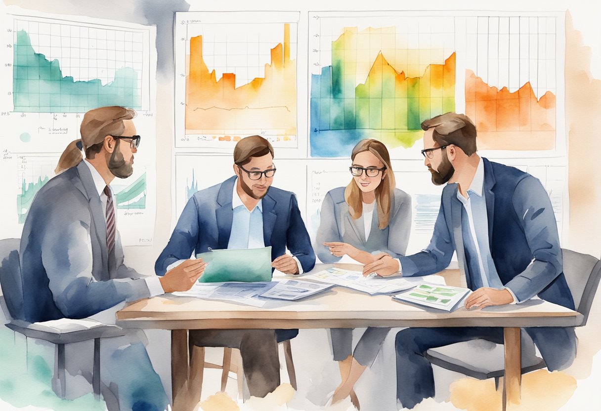 A group of investors discussing real estate opportunities in Utah, surrounded by charts and graphs showing potential financial returns