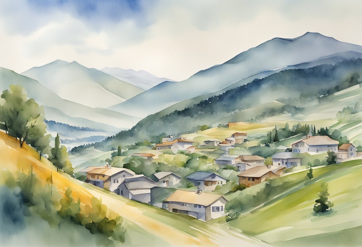 A mountainous landscape with a mix of urban and rural areas, featuring various real estate properties such as residential homes, commercial buildings, and open land