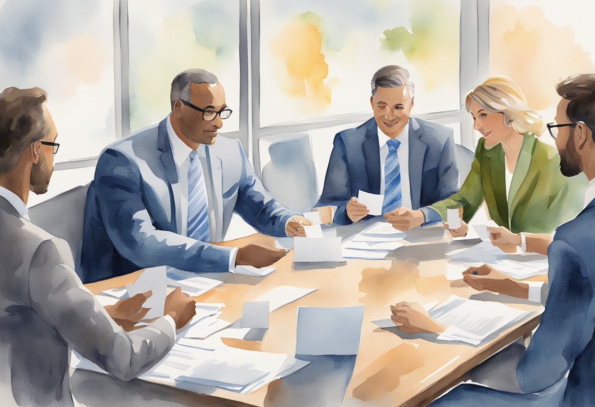 A group of professionals gather in a conference room, exchanging business cards and discussing real estate investment opportunities in Utah