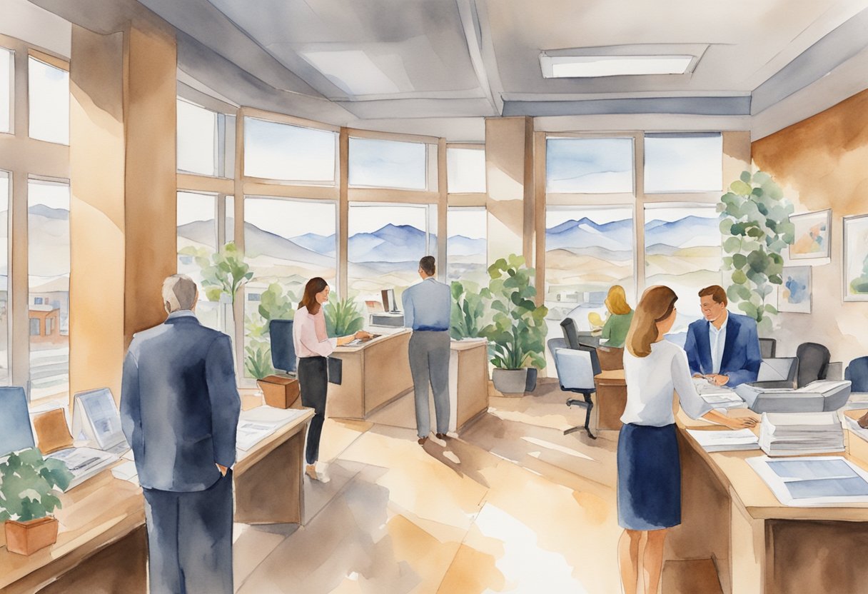 A bustling real estate office in Utah, with people discussing investment opportunities and browsing through brochures and listings