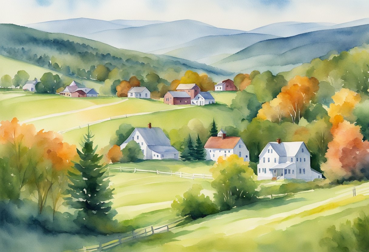 A picturesque Vermont landscape with rolling hills, quaint farmhouses, and vibrant foliage, showcasing the potential for real estate investment